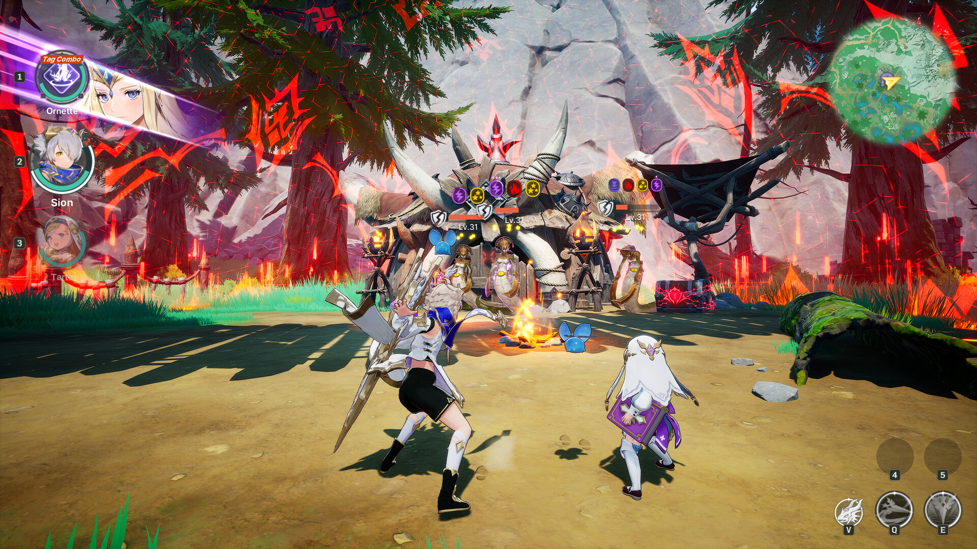 A DragonSword Awakening party fighting together in a forest arena